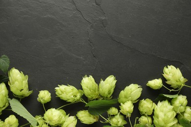 Photo of Fresh green hops and leaves on black table, flat lay. Space for text