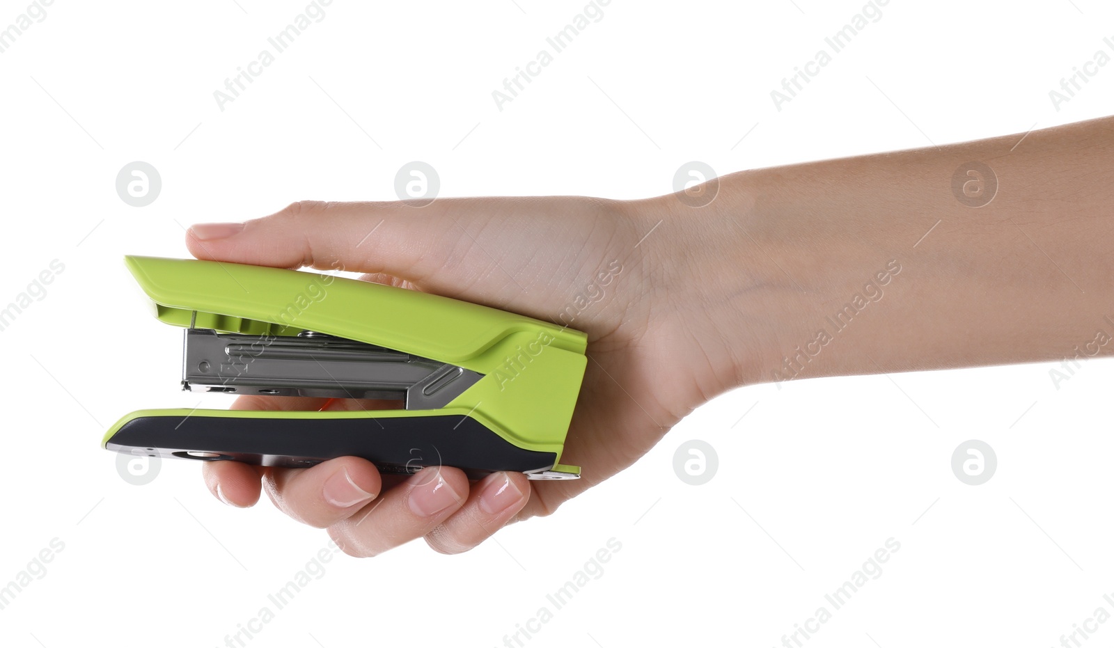 Photo of Woman holding bright stapler on white background, closeup