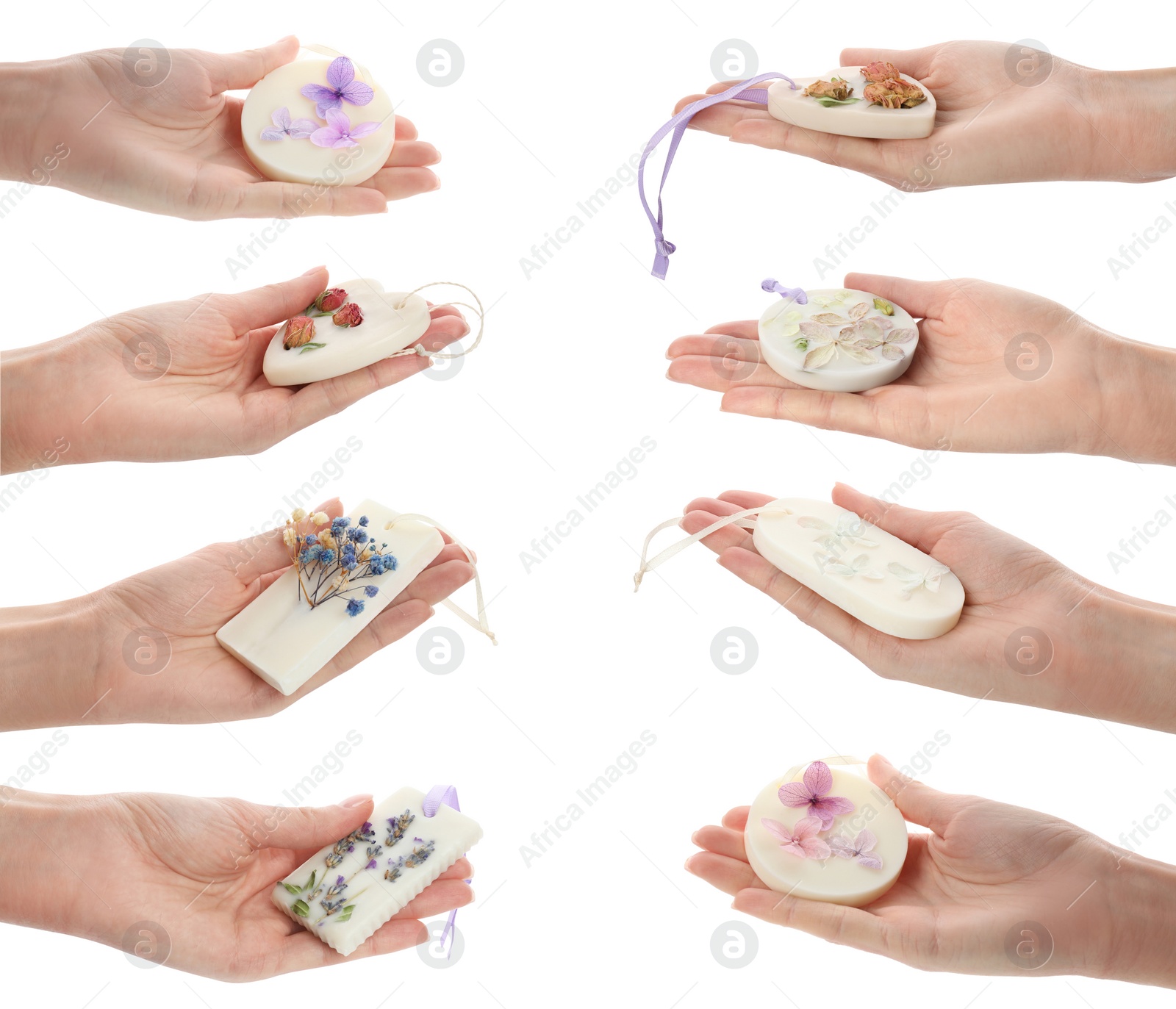 Image of Collage with photos of women holding different scented sachet with dried flowers on white background, closeup