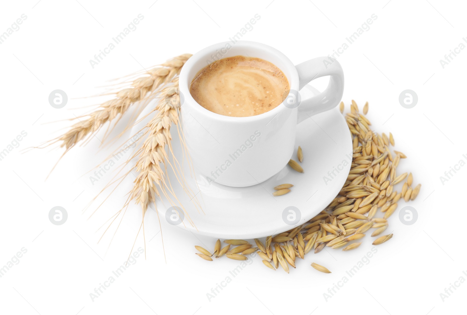 Photo of Cup of barley coffee, grains and spikes isolated on white