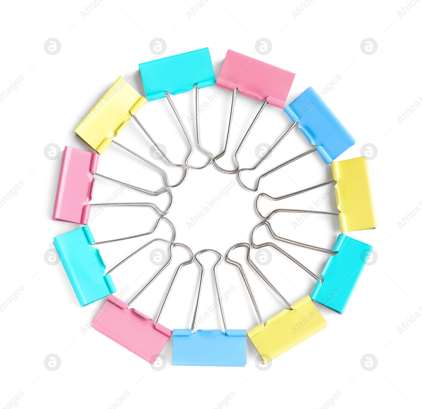 Photo of Colorful binder clips on white background, top view. Stationery item