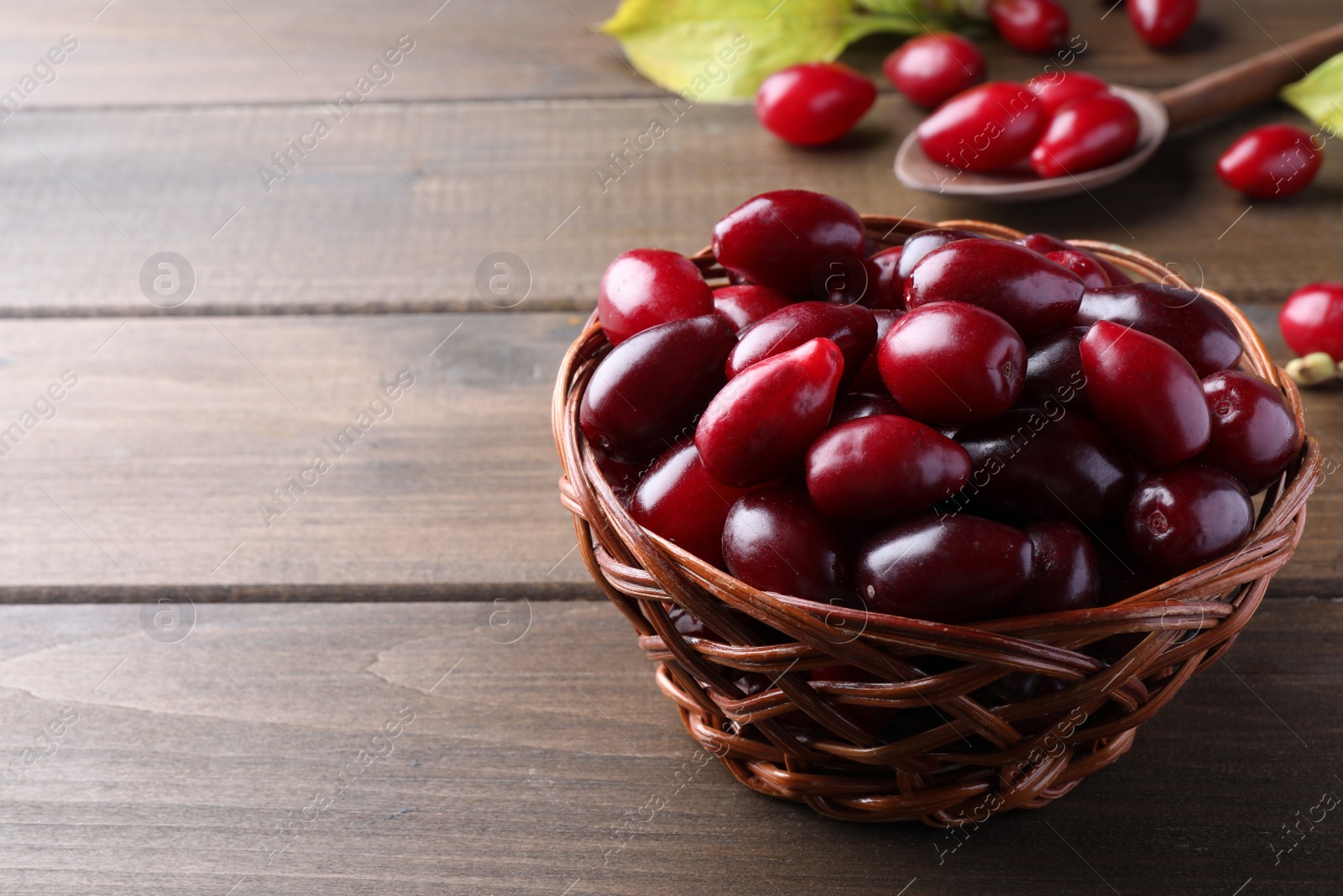 Photo of Fresh ripe dogwood berries in wicker bowl on wooden table. Space for text