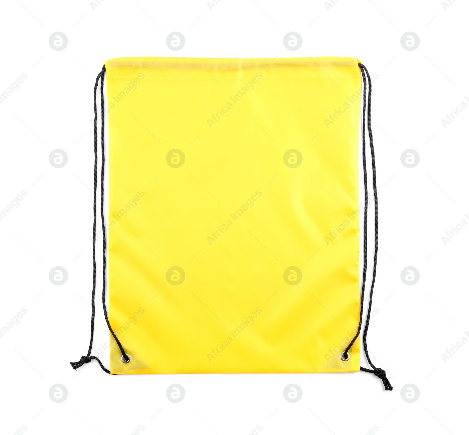 Photo of One yellow drawstring bag isolated on white