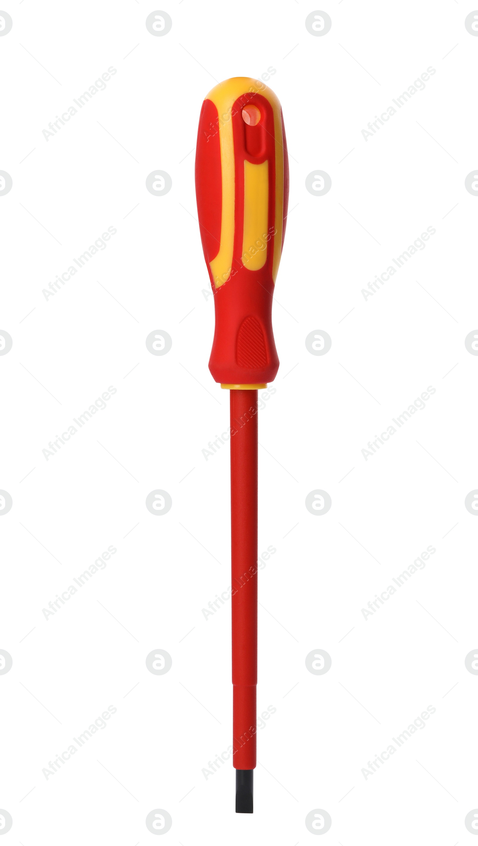 Photo of New screwdriver on white background. Professional construction tool