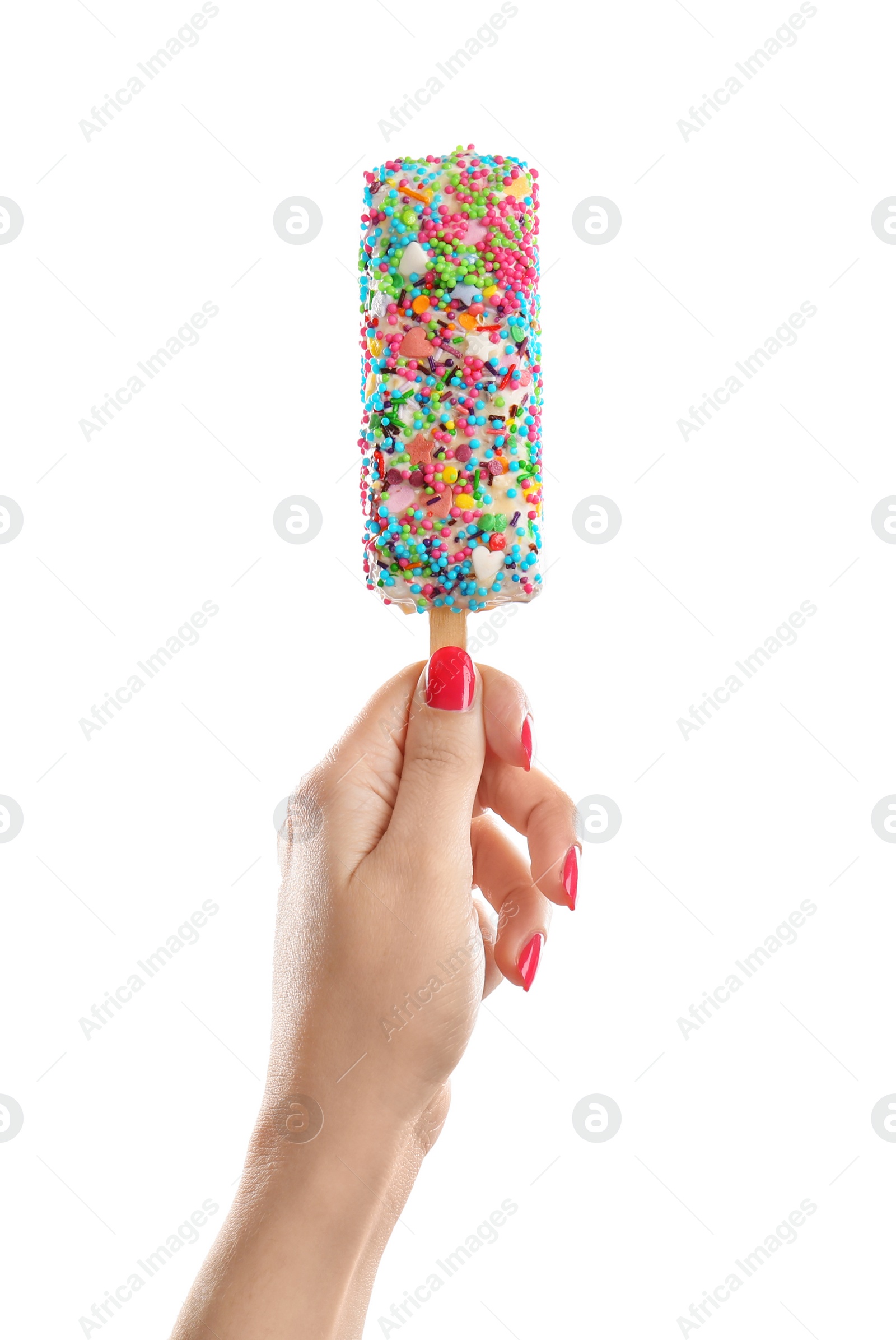 Photo of Woman holding yummy ice cream on white background. Focus on hand