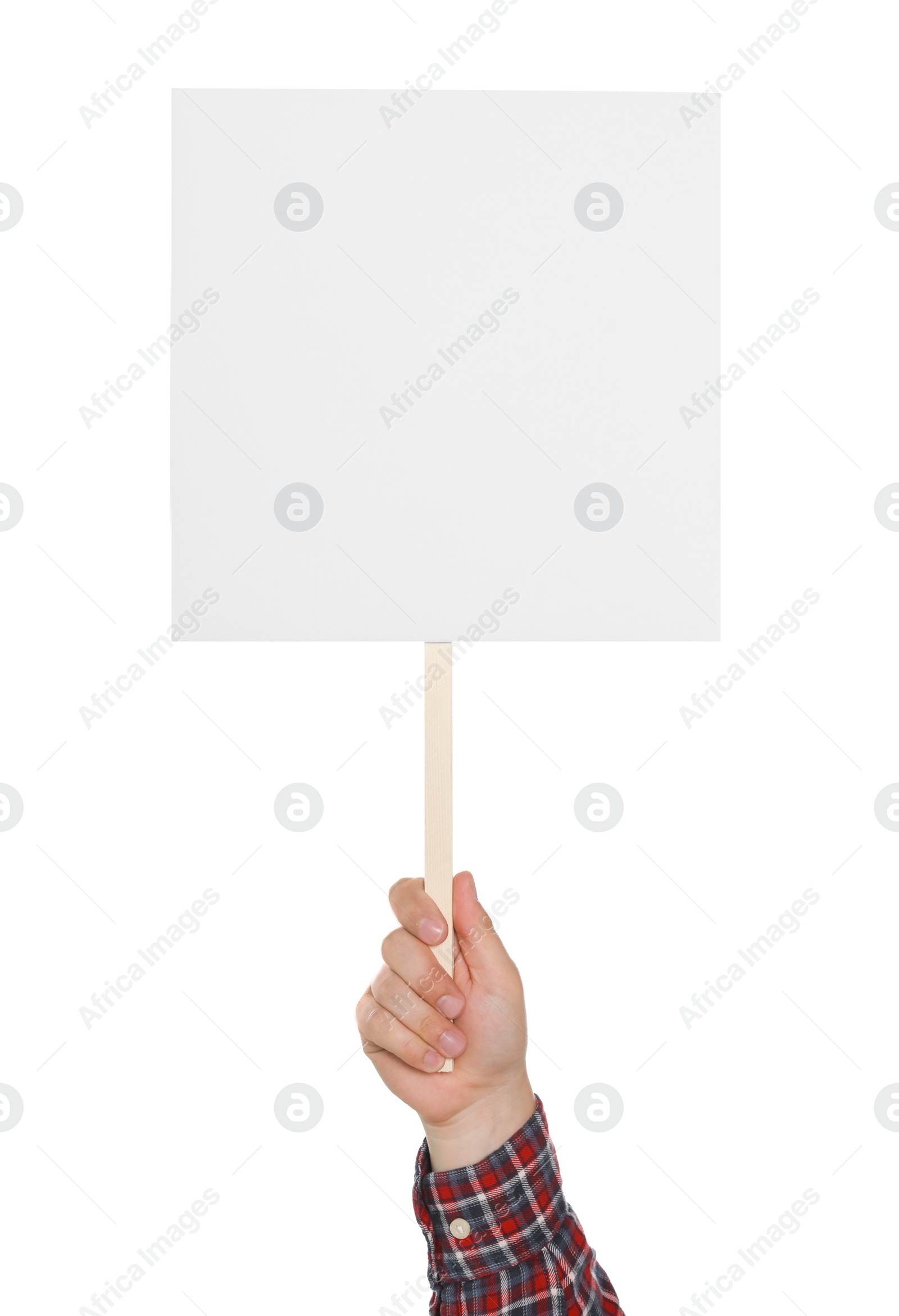 Photo of Man holding blank protest sign on white background, closeup