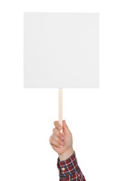 Photo of Man holding blank protest sign on white background, closeup