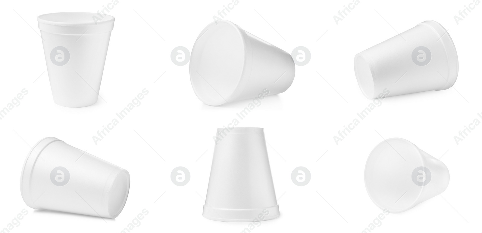 Image of Set with styrofoam cups on white background. Banner design