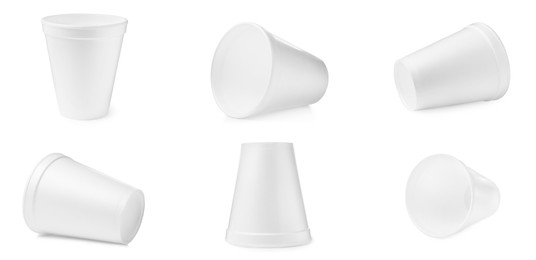 Image of Set with styrofoam cups on white background. Banner design