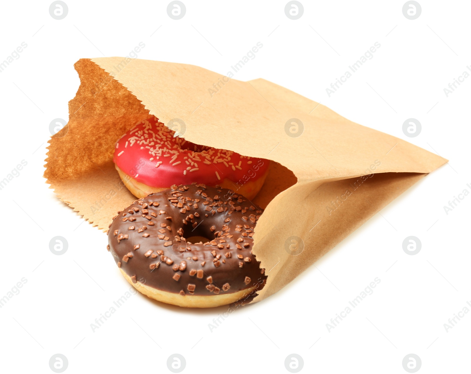 Photo of Paper bag with donuts on white background. Space for design