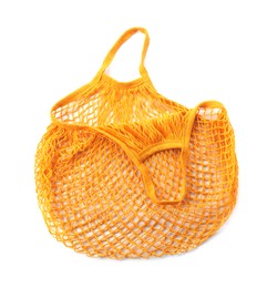 Photo of Orange empty string bag isolated on white, top view
