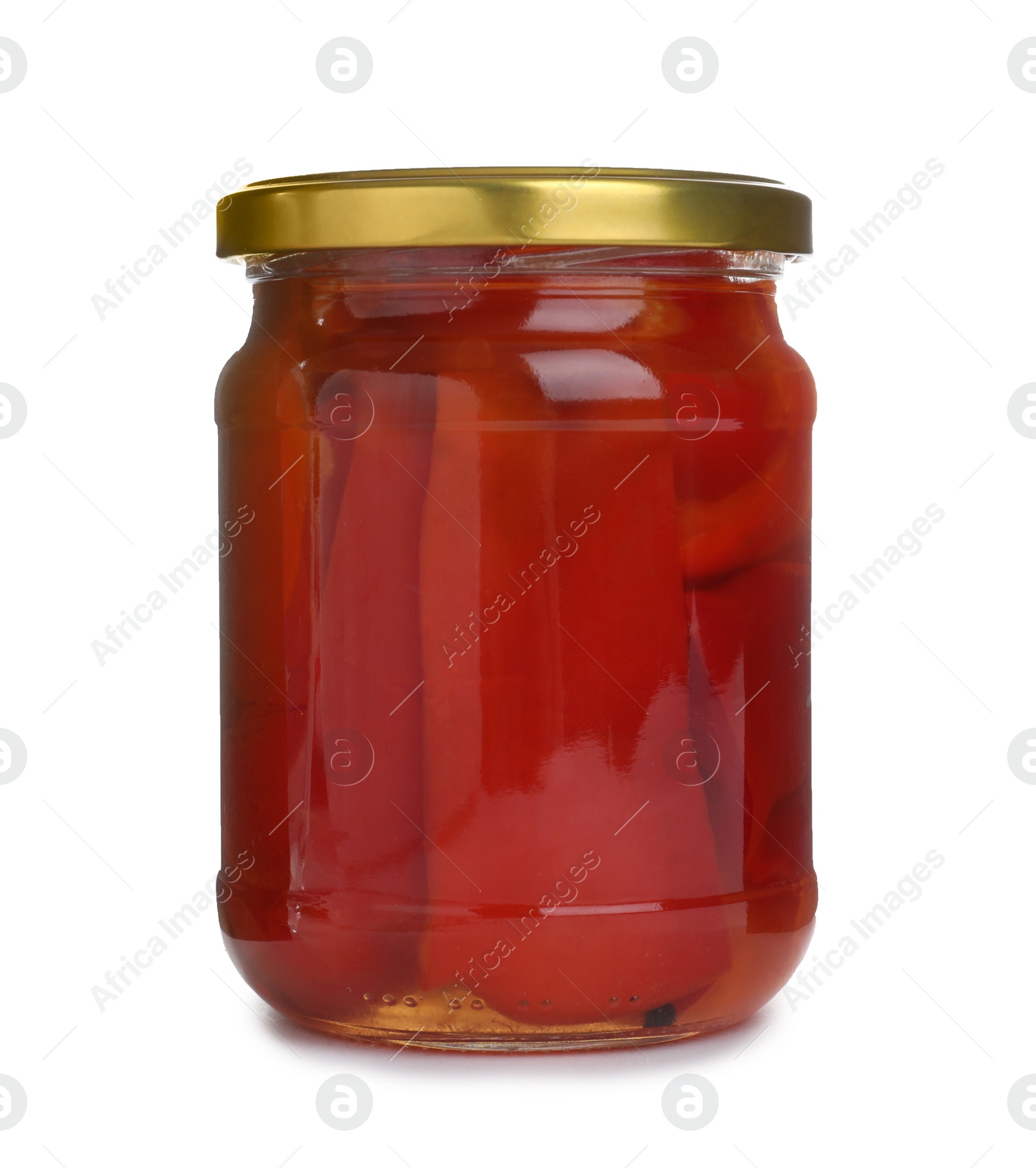 Photo of Glass jar with pickled bell peppers isolated on white