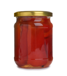 Glass jar with pickled bell peppers isolated on white