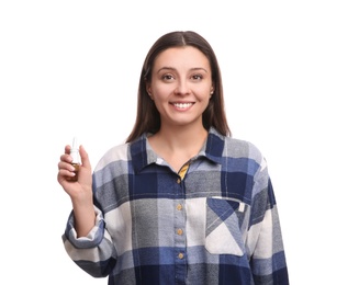 Woman with nasal spray on white background