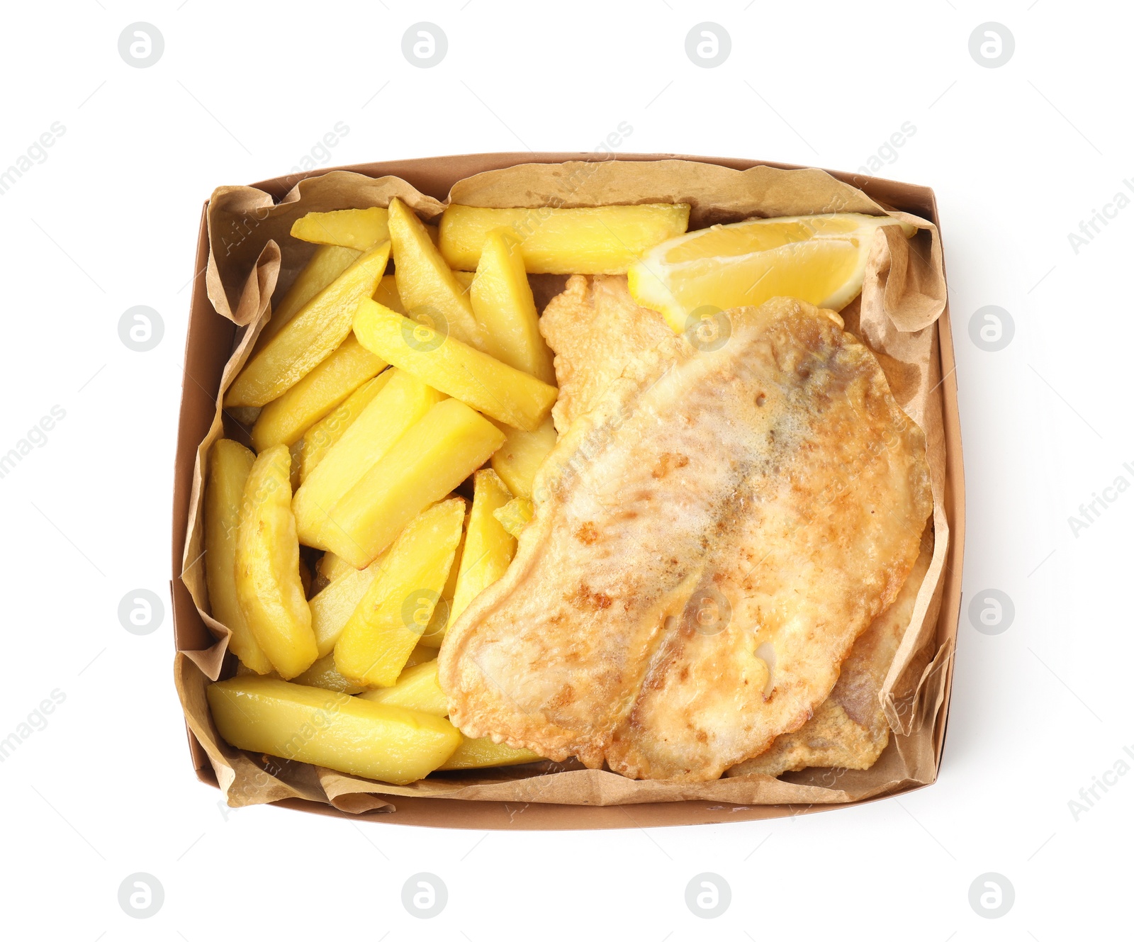 Photo of Delicious fish and chips in paper box isolated on white, top view