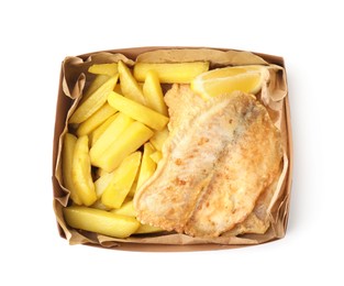 Delicious fish and chips in paper box isolated on white, top view