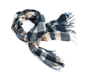 Photo of One beautiful checkered scarf on white background, top view