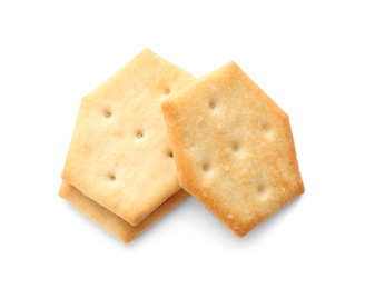 Crispy crackers isolated on white, above view. Delicious snack