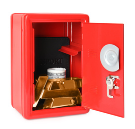Photo of Open steel safe with money and gold bars isolated on white