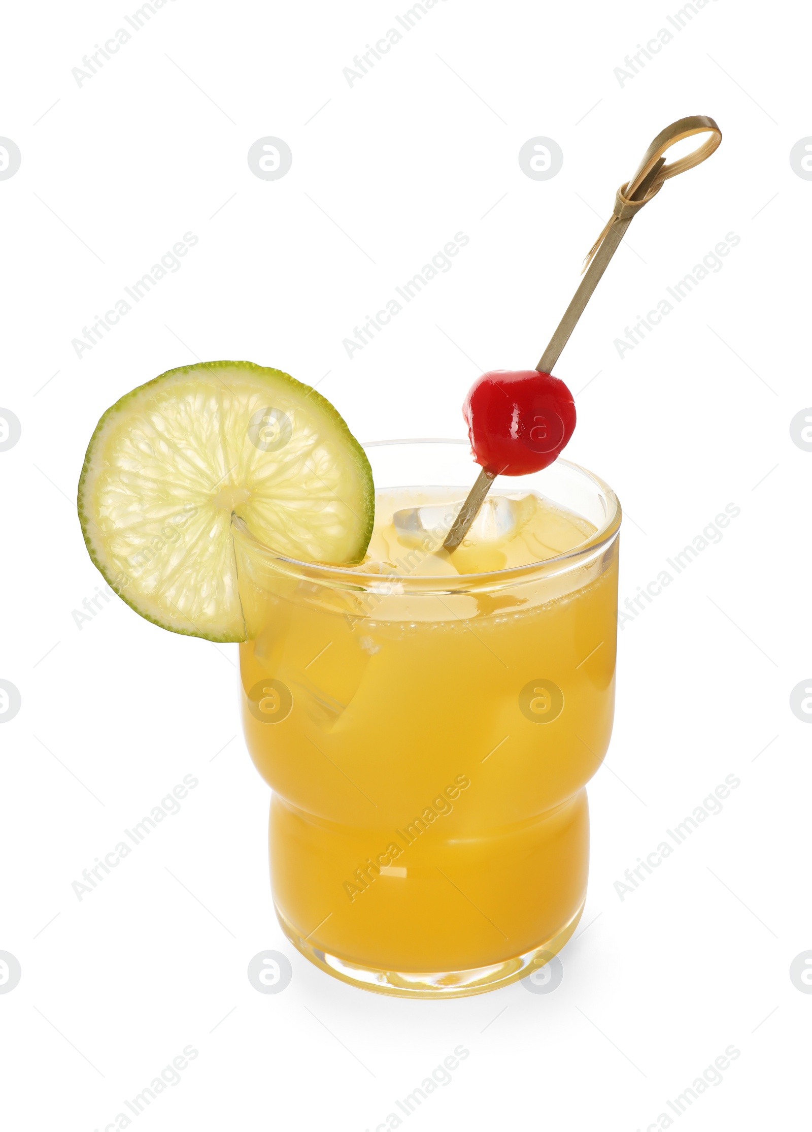 Photo of Glass of tasty pineapple cocktail with lime and cherry isolated on white