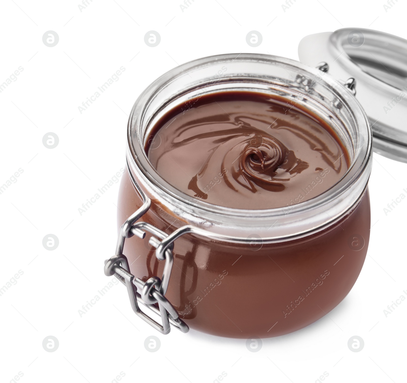 Photo of Glass jar with tasty chocolate cream isolated on white