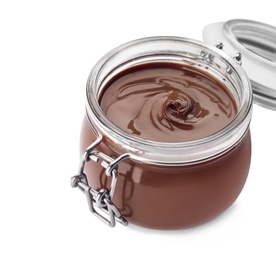 Photo of Glass jar with tasty chocolate cream isolated on white