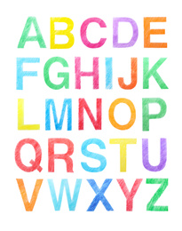 Image of Set of letters written with color pencils on white background, top view