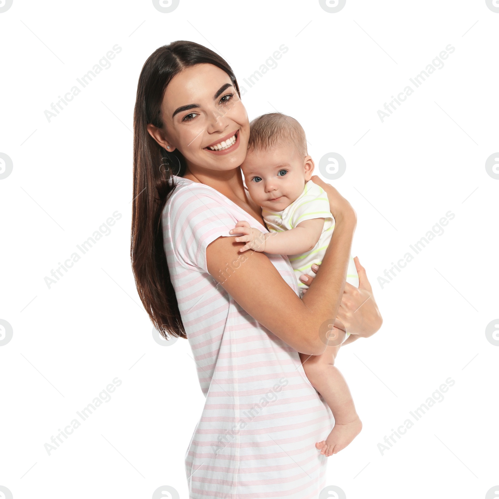 Photo of Portrait of happy mother with her baby isolated on white