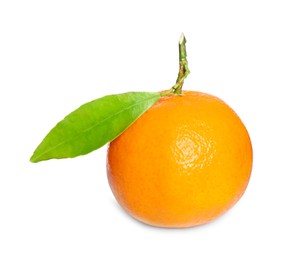 Fresh ripe juicy tangerine with green leaf isolated on white