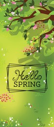 Hello Spring card. Green grass with flowers under blooming tree, illustration