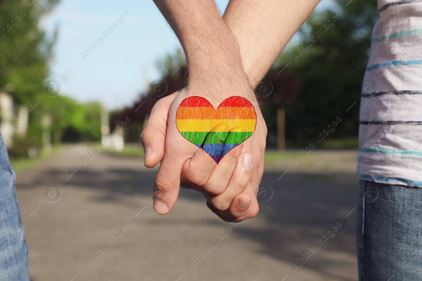 Image of Gay couple holding hands together in park on sunny day, closeup