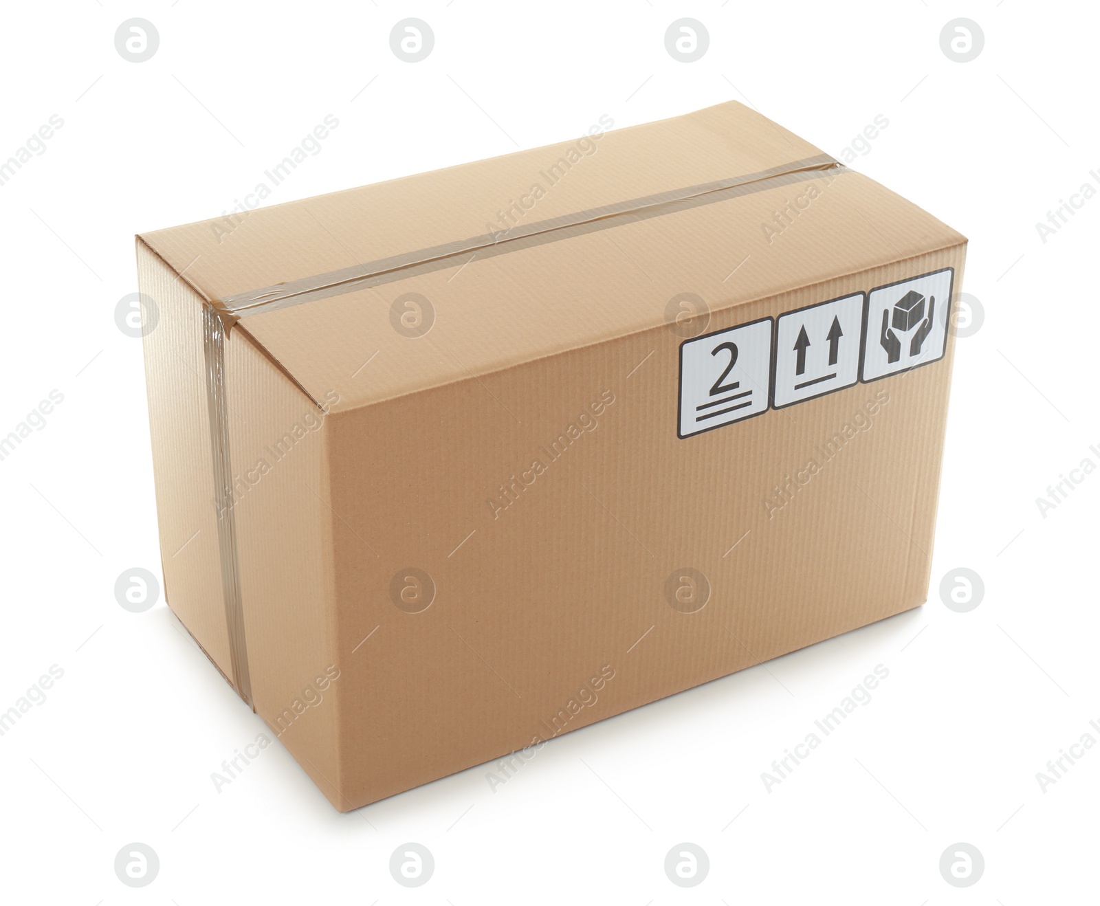 Photo of Cardboard box with shipping label isolated on white