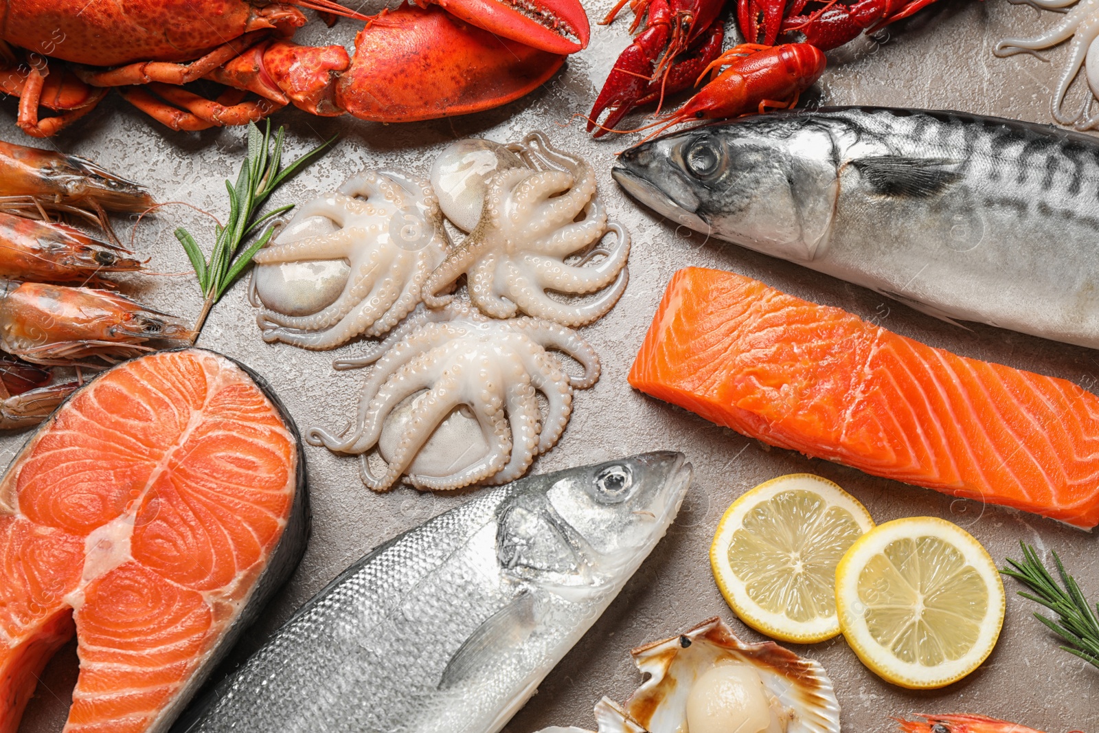 Photo of Fresh fish and seafood on marble table, flat lay