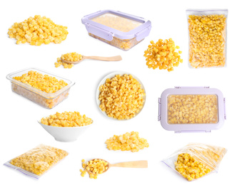 Image of Set of frozen corn kernels on white background. Vegetable preservation