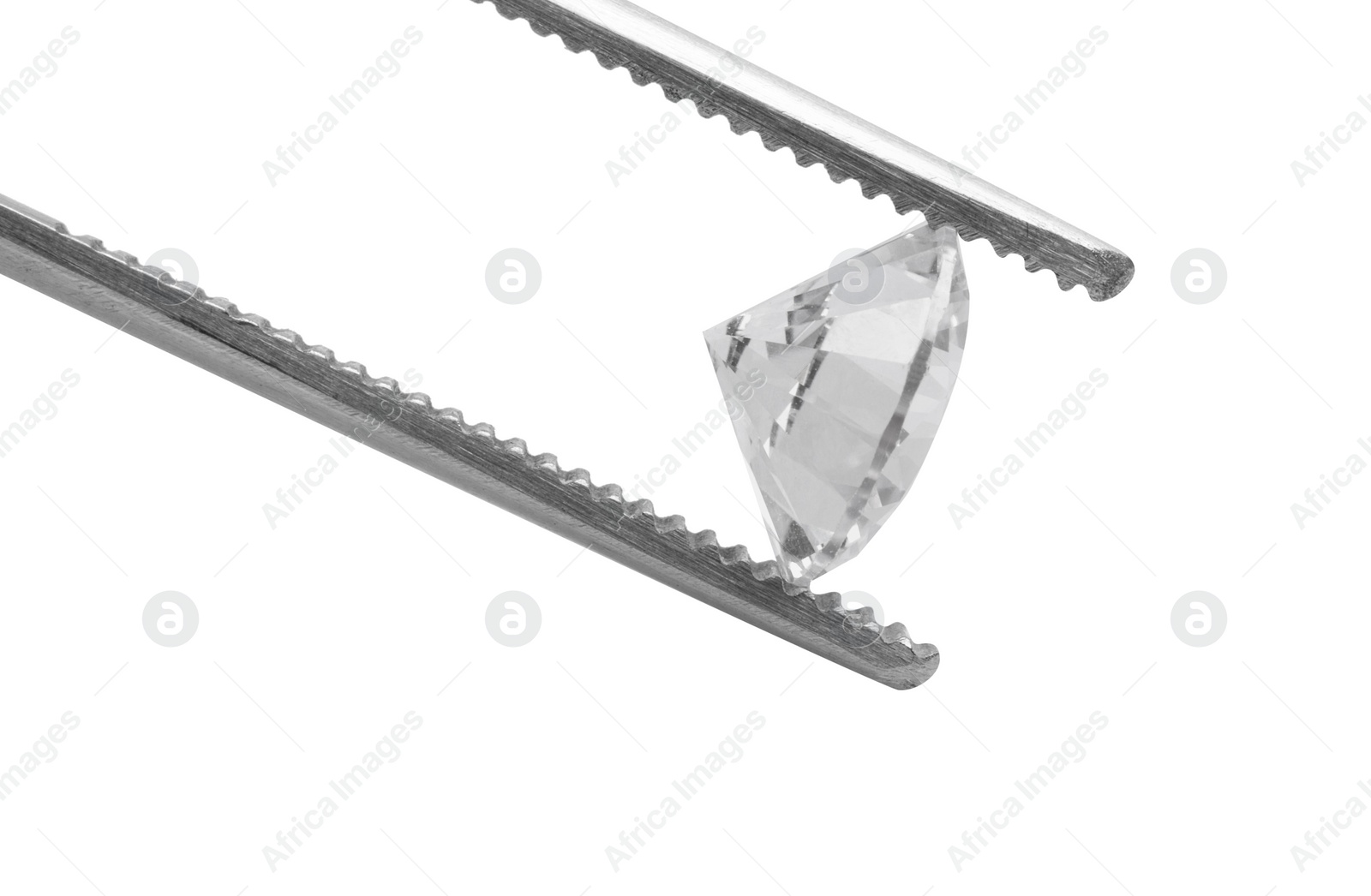 Photo of Tweezers with beautiful shiny diamond isolated on white