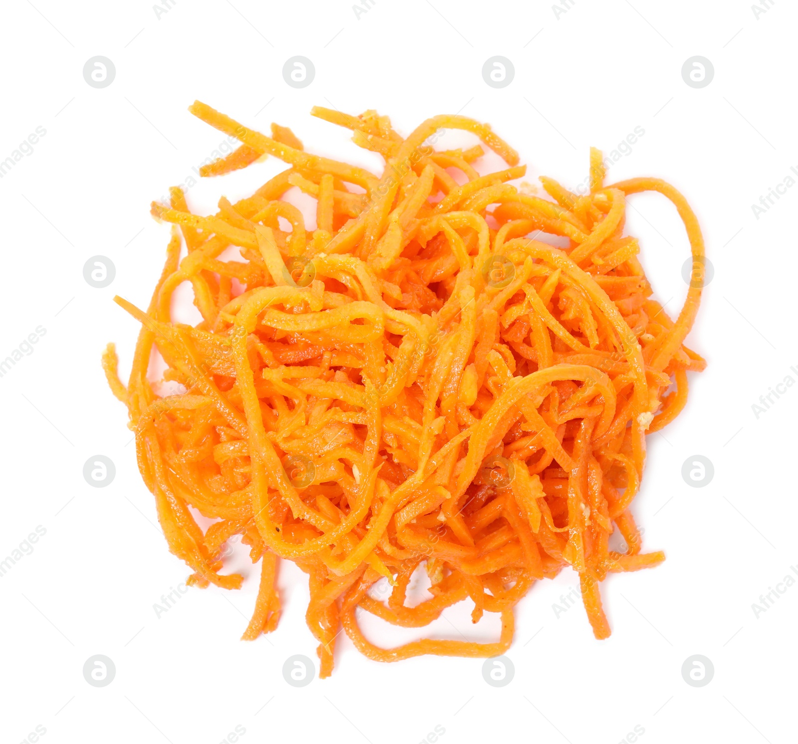 Photo of Delicious Korean carrot salad isolated on white, top view