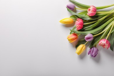 Beautiful tulips on light grey background, flat lay. Space for text