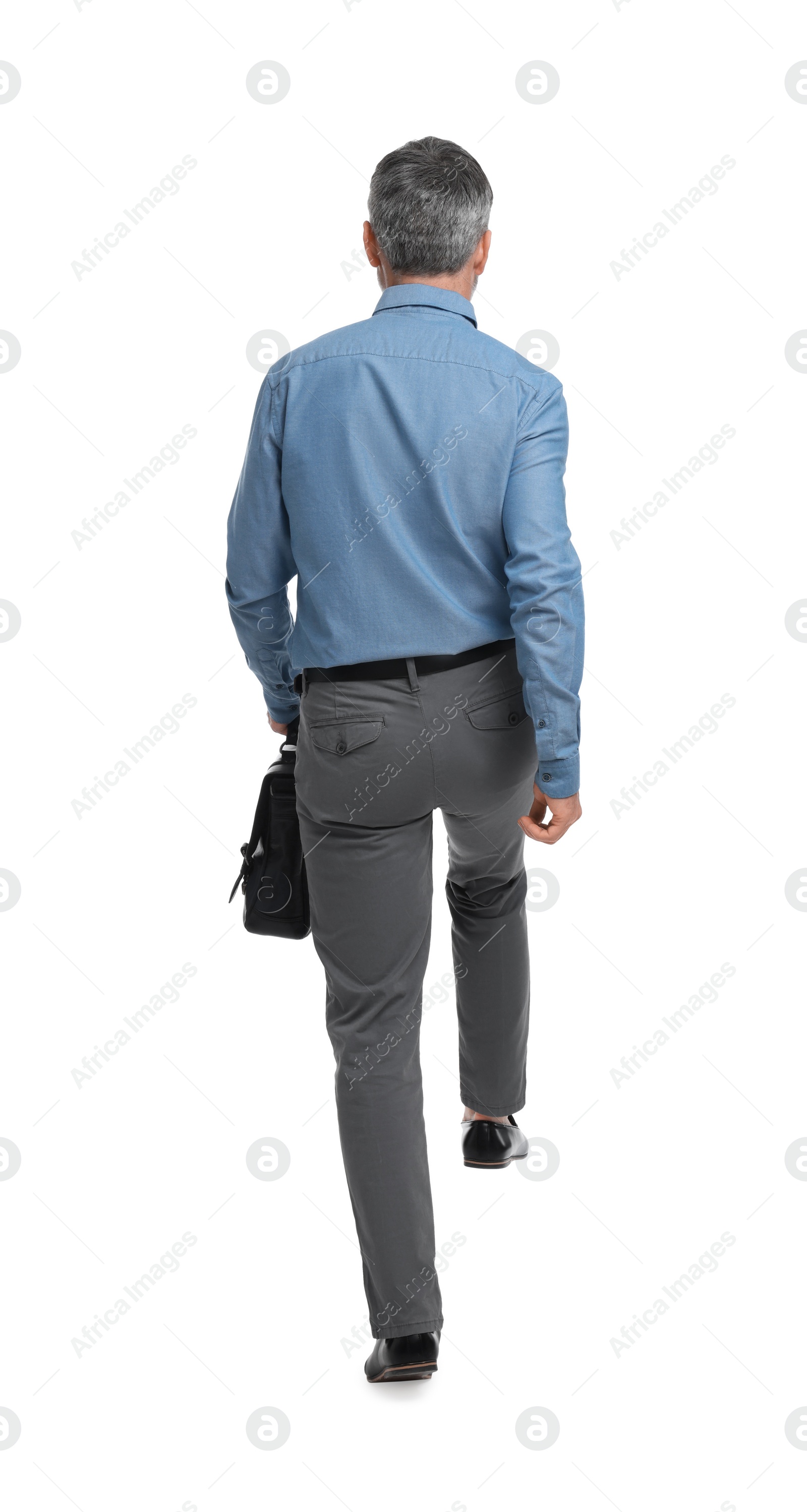 Photo of Mature businessman in stylish clothes with briefcase on white background, back view