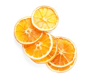 Photo of Delicious dry orange slices on white background, top view