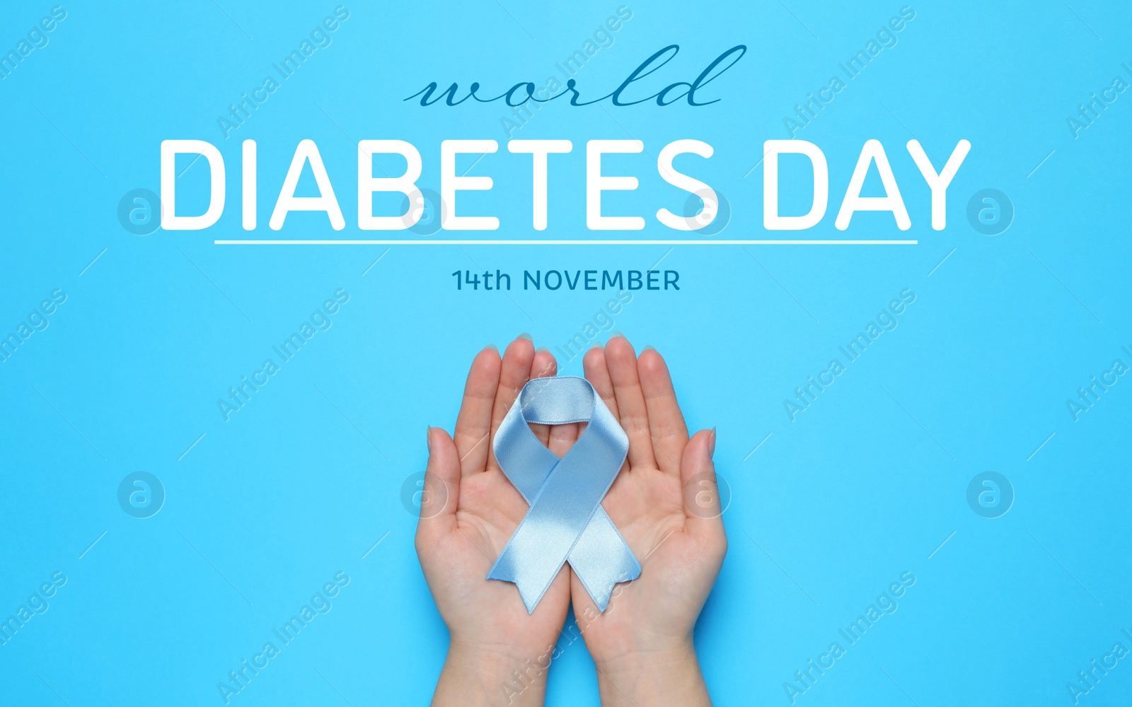 Image of World Diabetes Day. Woman holding light blue ribbon on color background, top view. Banner design