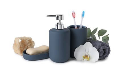 Photo of Bath accessories. Different personal care products, flower and eucalyptus branch isolated on white