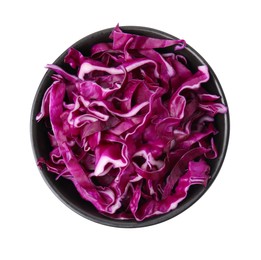Photo of Bowl with shredded red cabbage isolated on white, top view