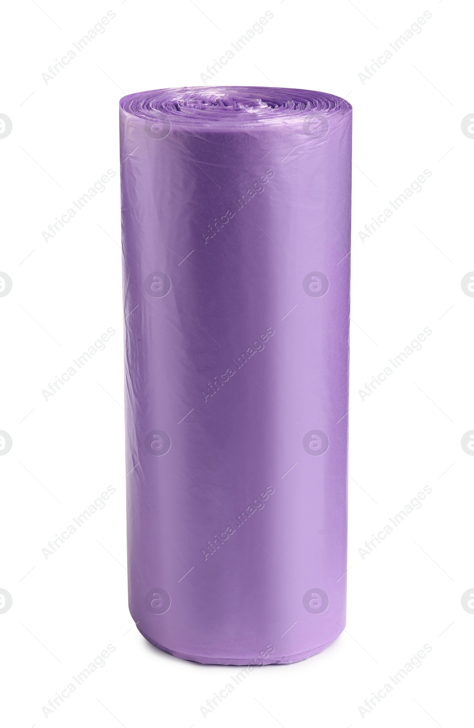 Photo of Roll of violet garbage bags on white background. Cleaning supplies