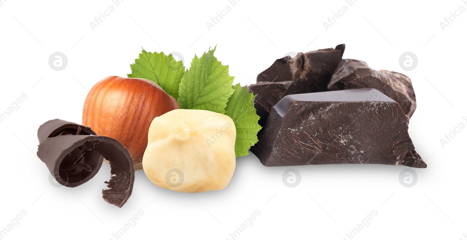 Image of Dark chocolate and hazelnuts isolated on white