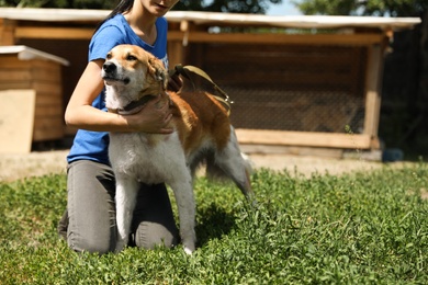 Photo of Woman with homeless dog in animal shelter, space for text. Concept of volunteering