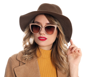 Photo of Young woman wearing stylish sunglasses and hat on white background