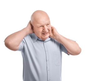 Photo of Senior man suffering from headache on white background. Enduring pain