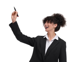 Photo of Beautiful happy businesswoman with marker on white background