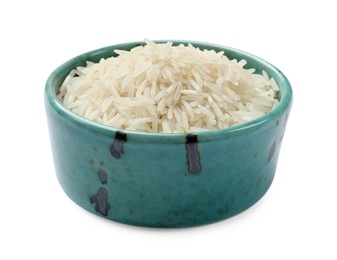 Photo of Raw basmati rice in bowl isolated on white