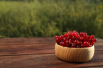 Photo of Fresh ripe red currant in bowl on wooden table outdoors. Space for text